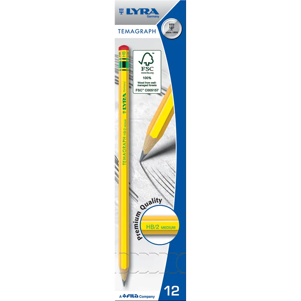 Matita Lyra Temagraph HB - 12 Pezzi per Scrittura e Disegno di Qualità - Matite Temperini Gomme