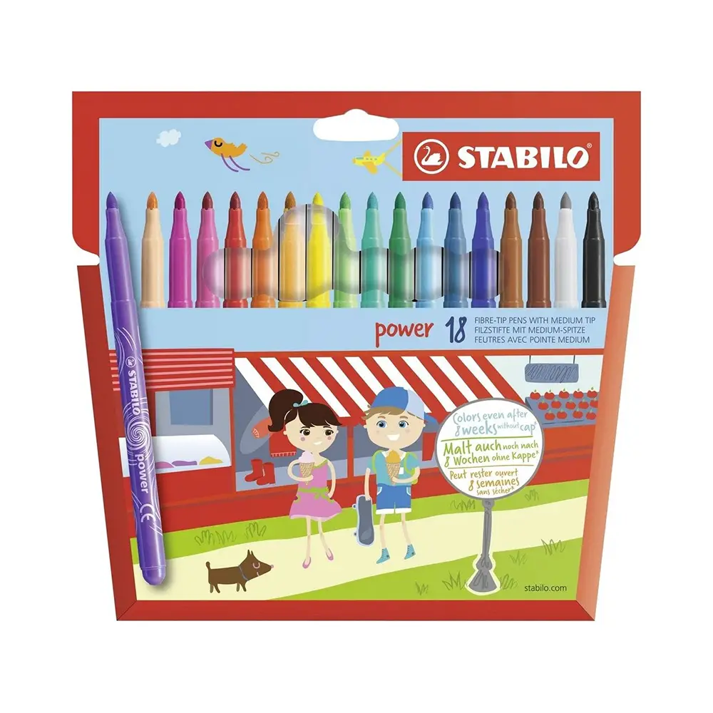 Pennarelli Stabilo Power - Punta M 2 mm - Set 18 Colori Lavabili - Pennarelli