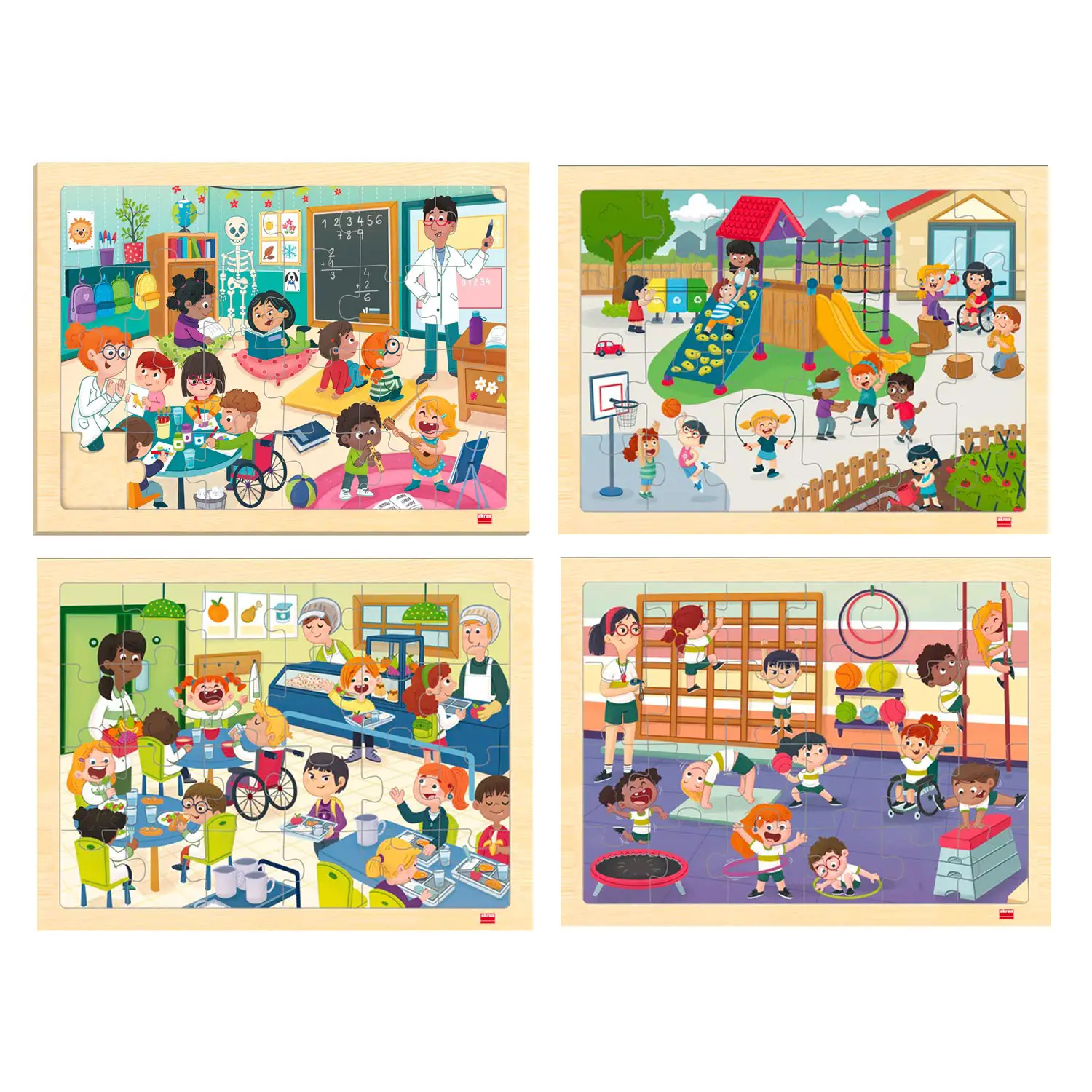 Puzzle di Osservazione: La Scuola Inclusiva – Set 4 Puzzle in Legno Ecologico - Incastri e puzzle in legno