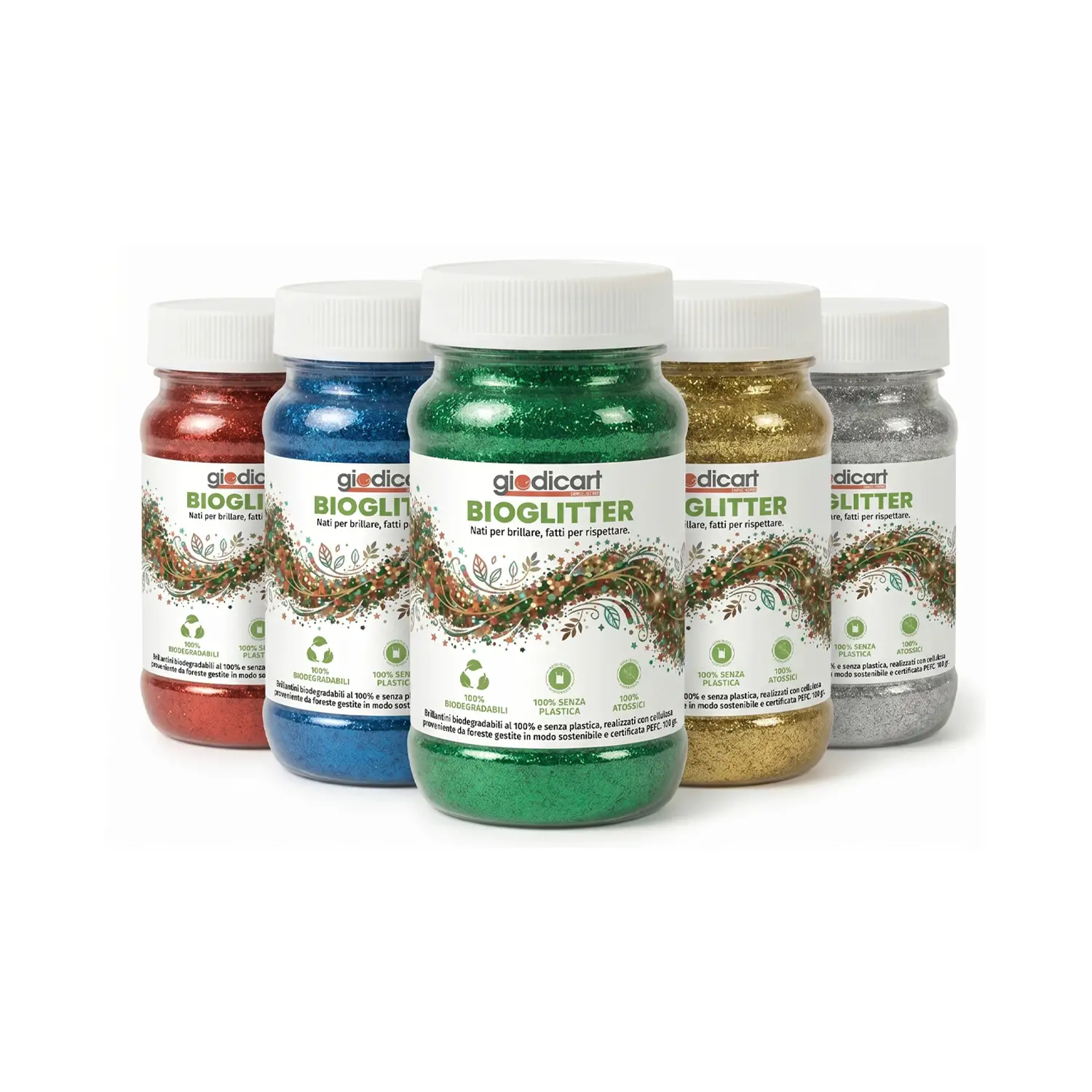 Brillantini Ecologici in Cellulosa Riciclata, Bio-Glitter Grana Fine 100 Gr. Cinque Colori Assortiti - Brillantini e glitter