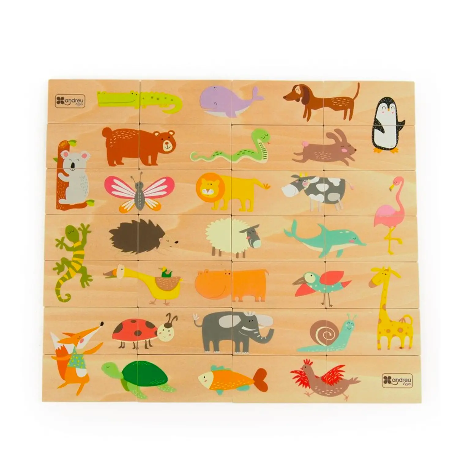 Domino Puzzle Animali e Quantità in Legno – 28 Tessere Doppia Faccia per Bambini - Memory e Domino
