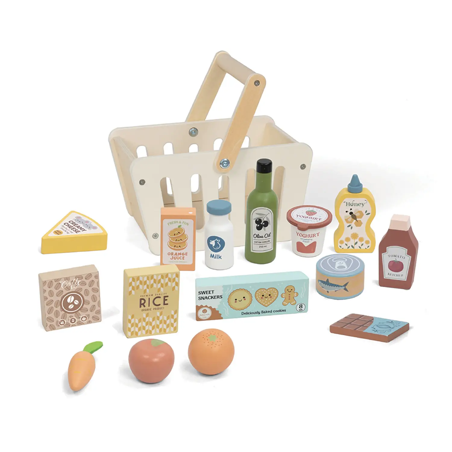 Cestino della Spesa in Legno con Alimenti, Gioco Montessori - Cucine e gioco simbolico