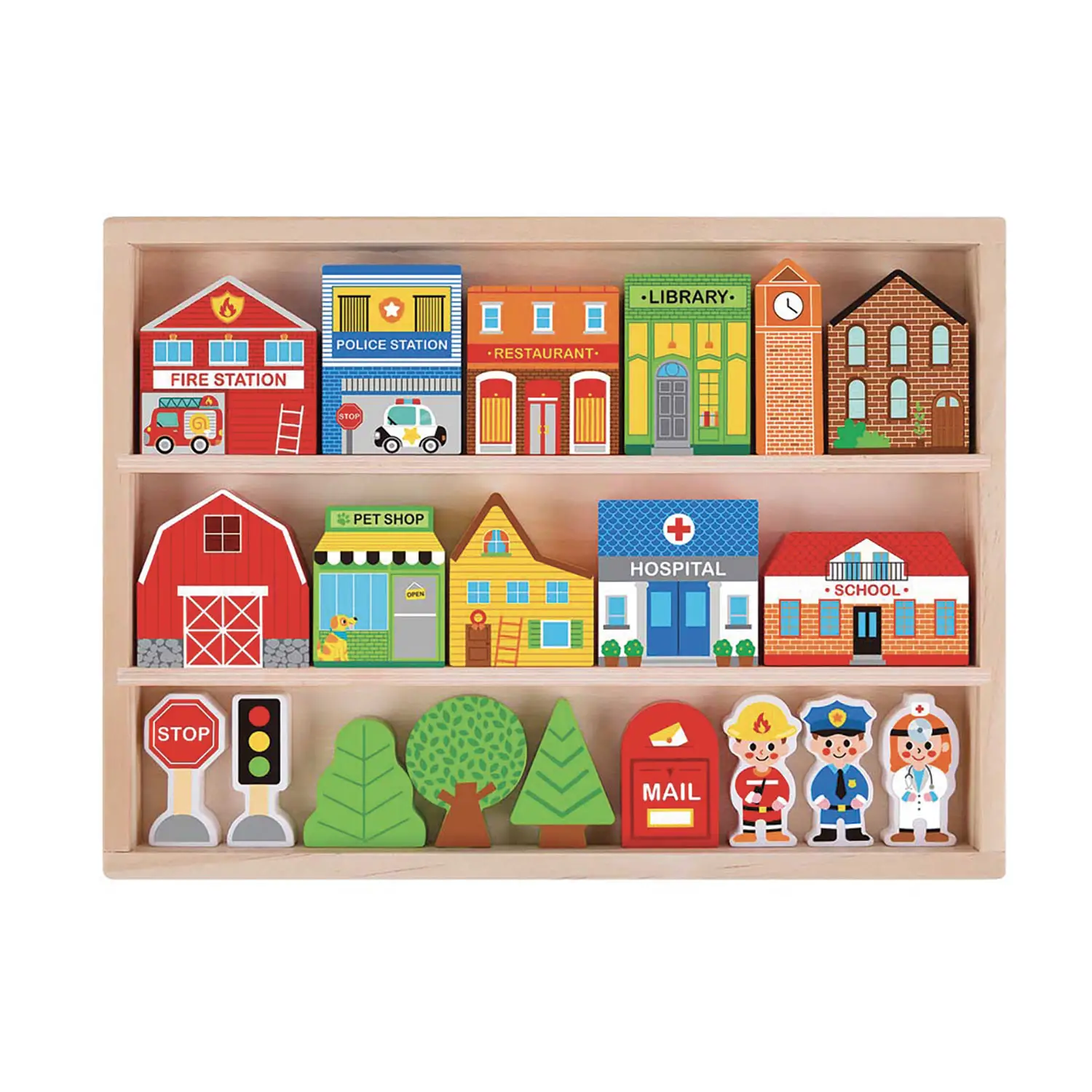 Blocchi Città in Legno, Playset Educativo Montessori con Edifici, Personaggi e Segnali - Costruzioni in legno