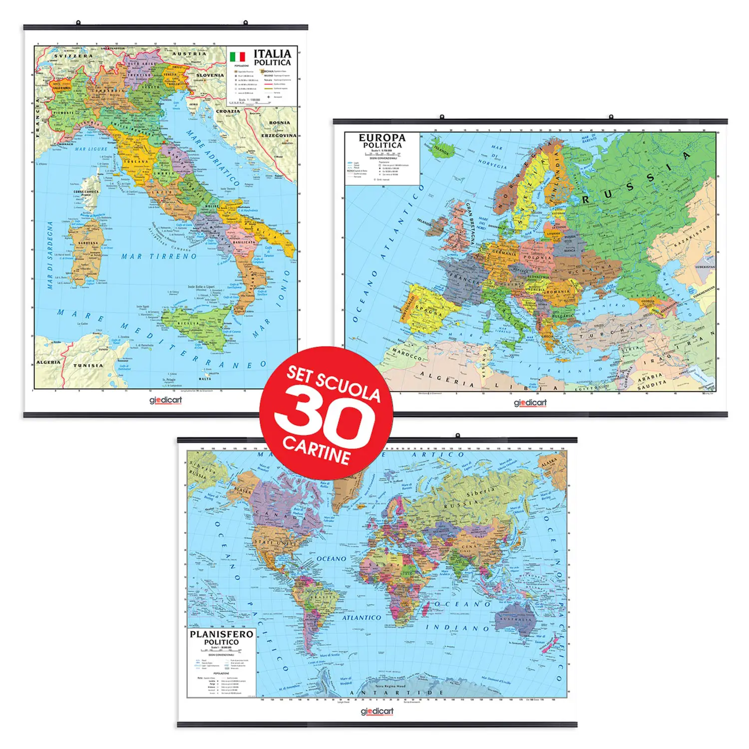 Carte Geografiche 10 Italia, 10 Europa, 10 Planisfero - 30 Pezzi - Geografia e scienze naturali