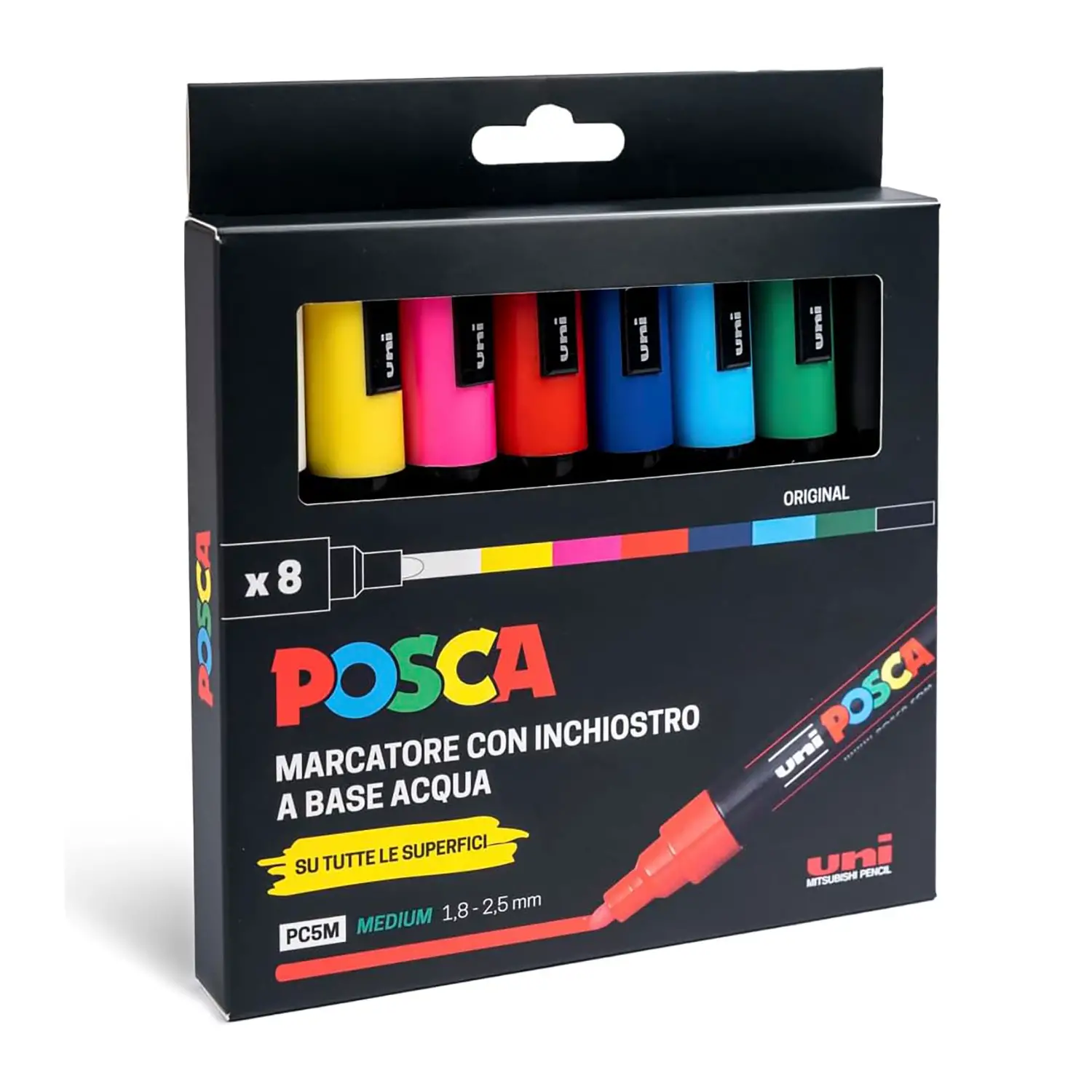 Pennarelli Uni Posca Media – Set 8 Colori • Marcatori a Tempera Multi-Superficie - Pennarelli