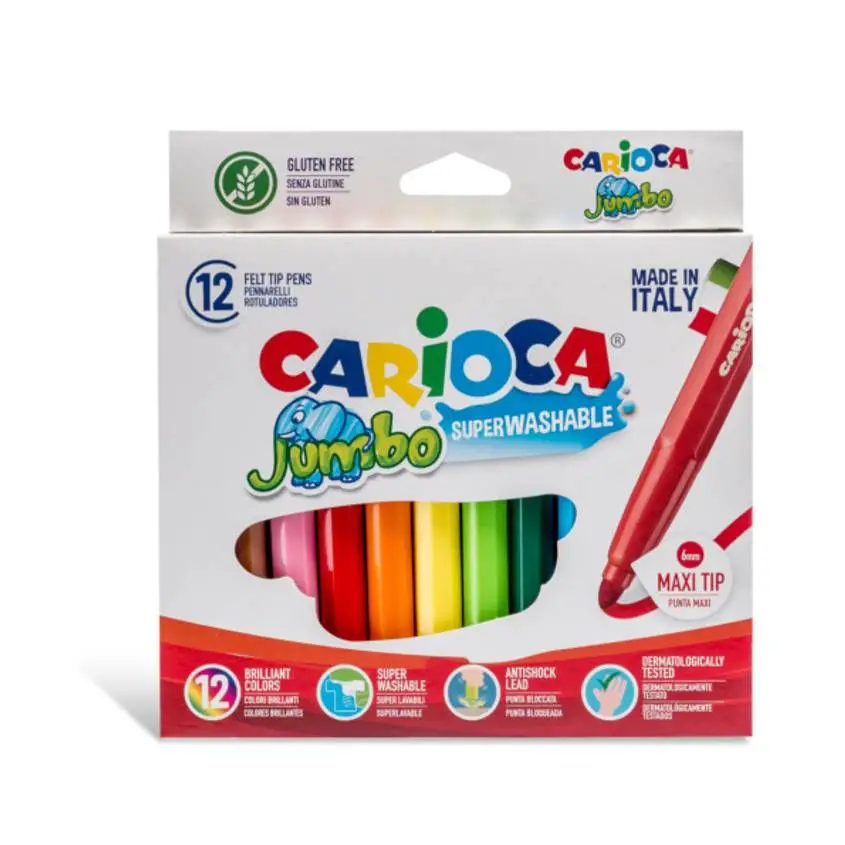 Carioca Pennarelli Maxi Superlavabili - Punta Jumbo 5 mm – 12 Colori - Pennarelli