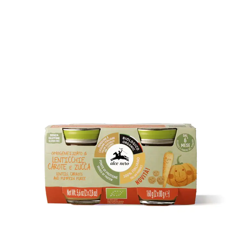 Omogeneizzato Alce Nero Lenticchie Carote e Zucca Biologico 2 Vasetti da 80 Gr - omogeneizzati