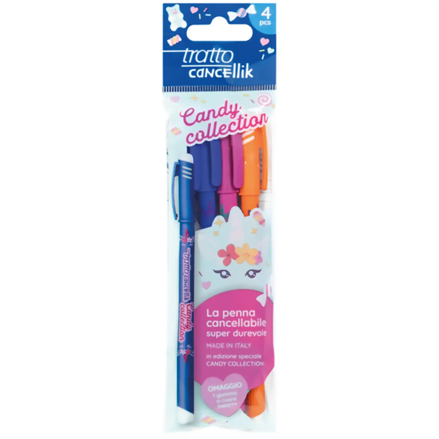 Tratto Cancellik Candy Collection: Set da 4 Penne + Gomma a Cuore Omaggio - penne pennarelli ufficio