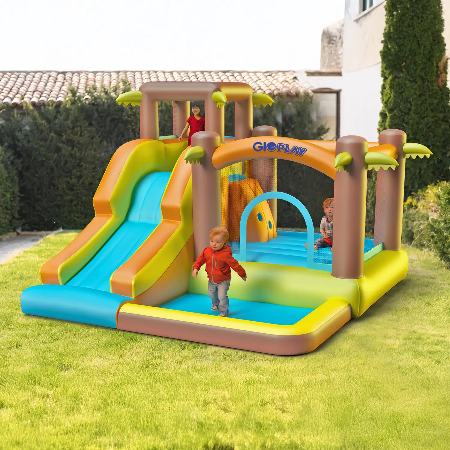 Gioco Gonfiabile per Bambini Palm Springs con Scivolo e Piscina, soffiatore per gonfiaggio incluso - playground gonfiabili