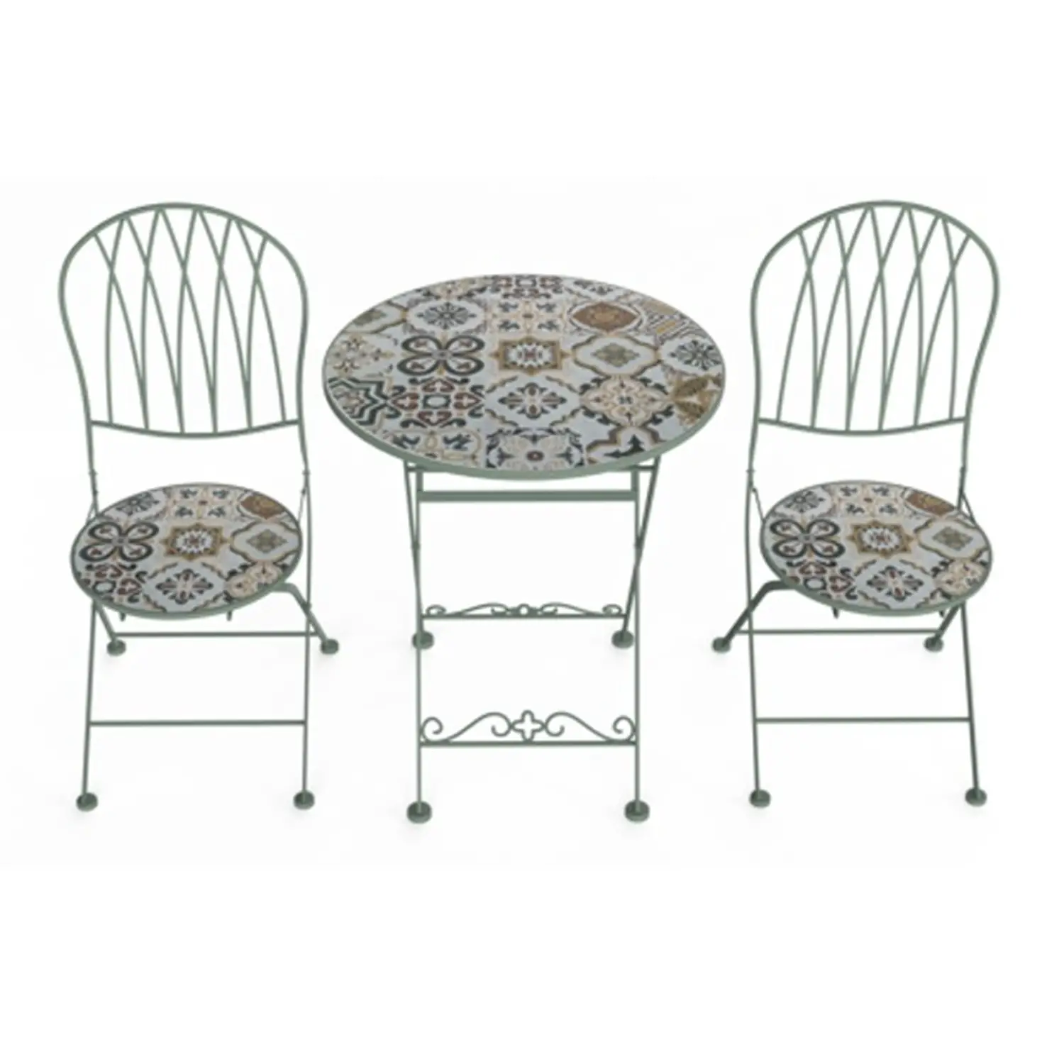 Set Capri Tavolo e 2 Sedie Pieghevoli, Motivo Maioliche Verde Salvia - tavoli, sedie e poltroncine