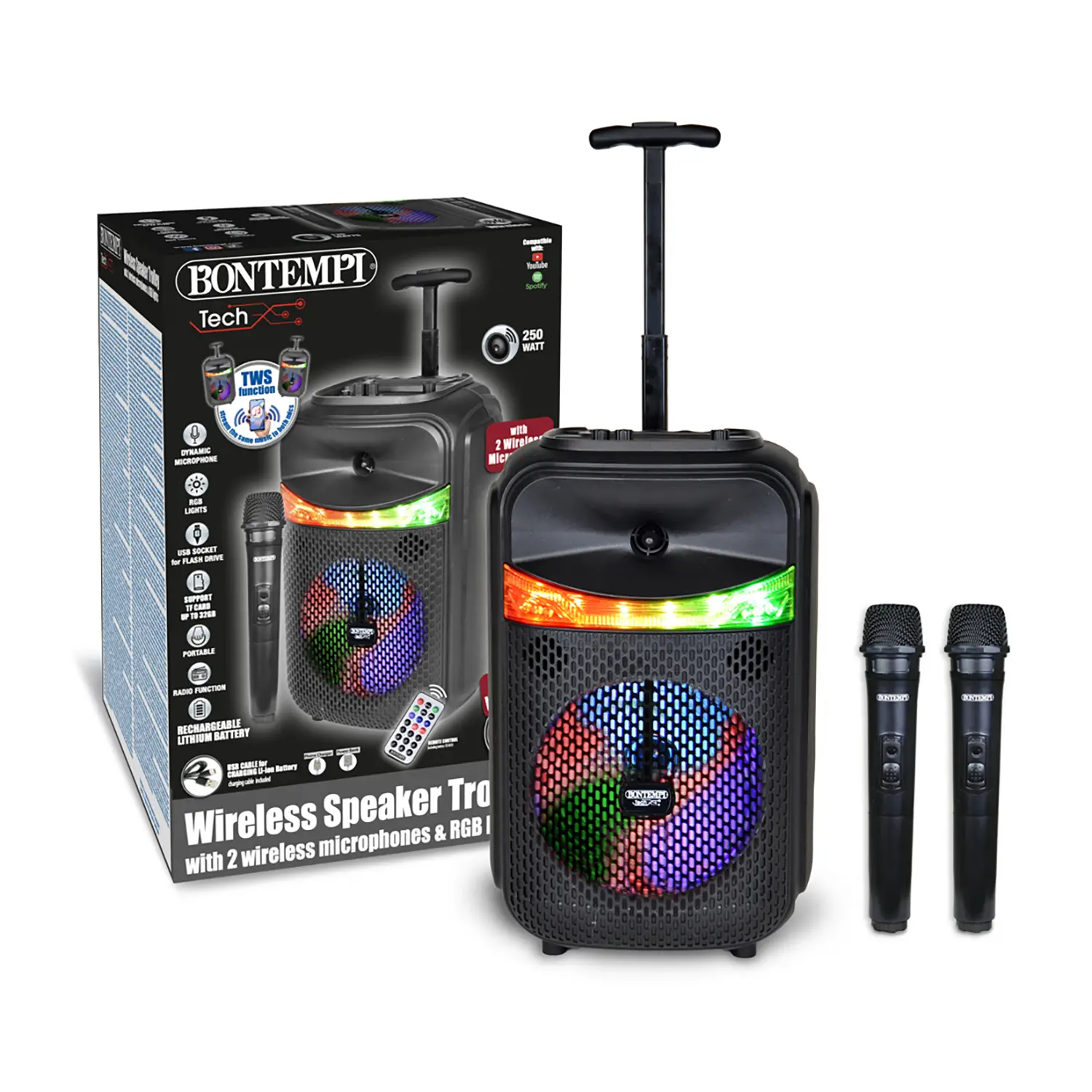 Cassa Trolley Wireless con 2 MicrofonI e Luci RGB – Funzione TWS - Sistemi audio