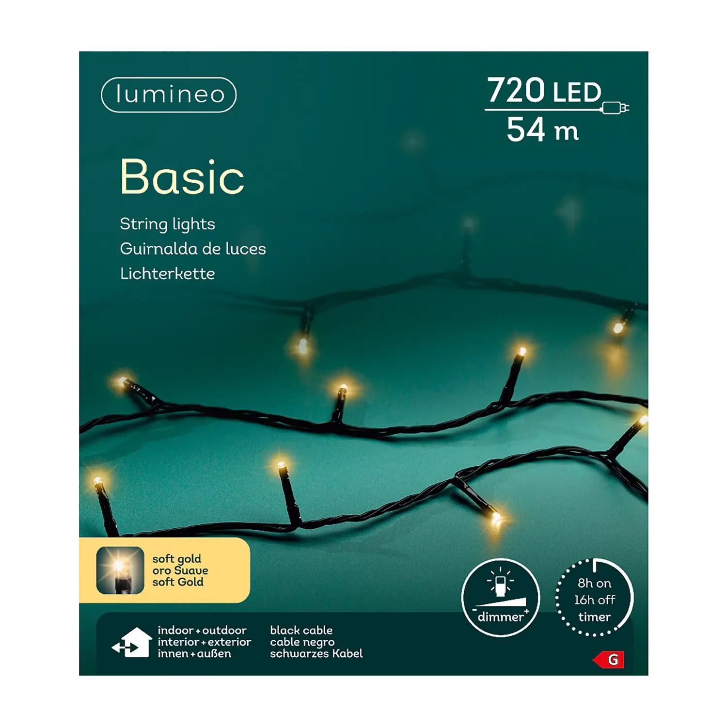 Luci di Natale Lumineo Basic - 720 Led Soft Gold - Filo Nero da 54 metri - luci