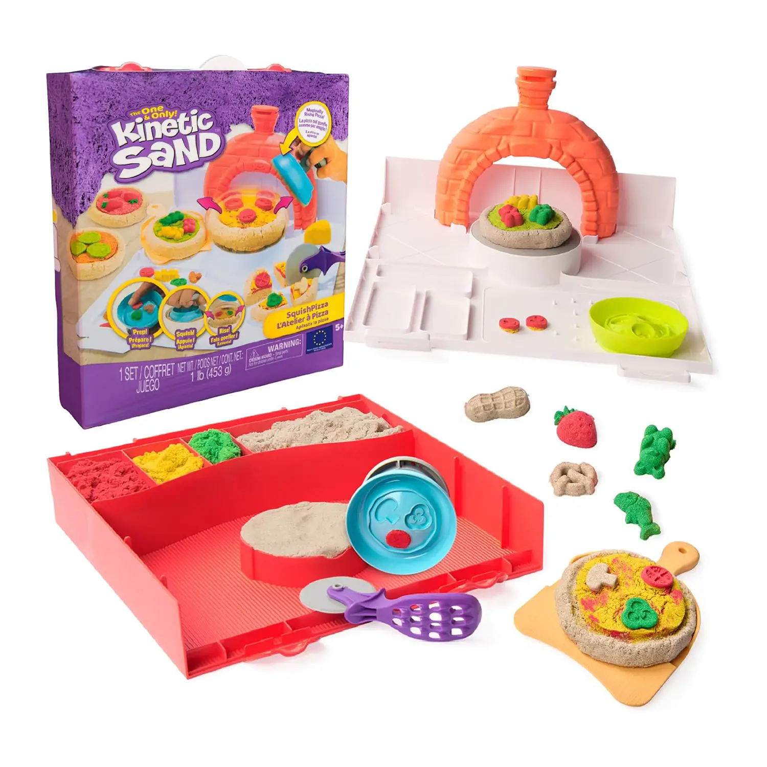 Kinetic Sand Squish Pizza Set, 452g Sabbia 5 Attrezzi 5+ Anni - creatività