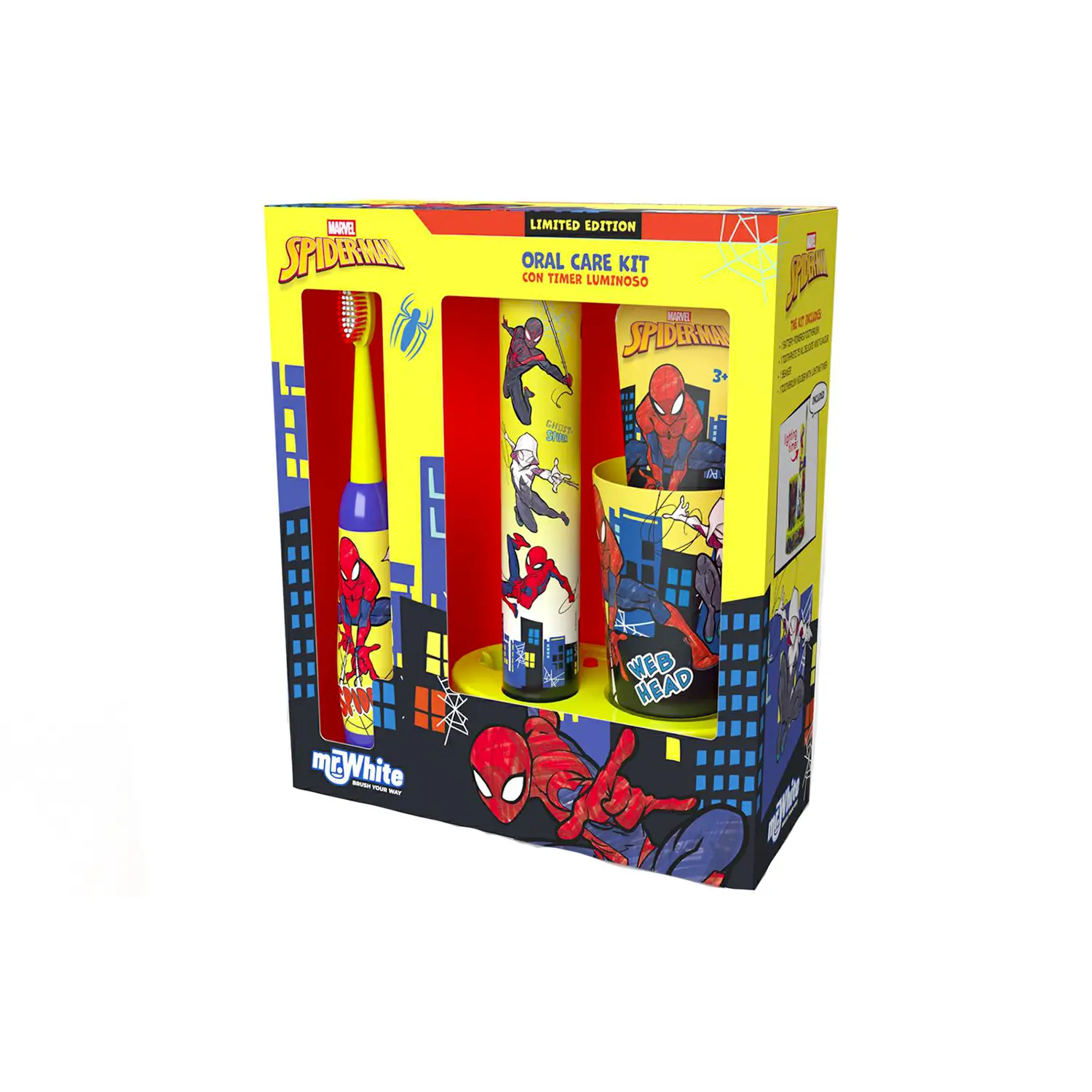 Spiderman Set Regalo Spazzolino, Dentrificio, Bicchiere e Base Luminosa Con Timer - cura della persona