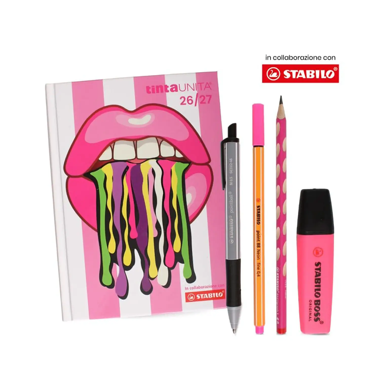Tinta Unita Stabilo Diario 12 Mesi Con Bustina Accessori Bianco Rosa - diari